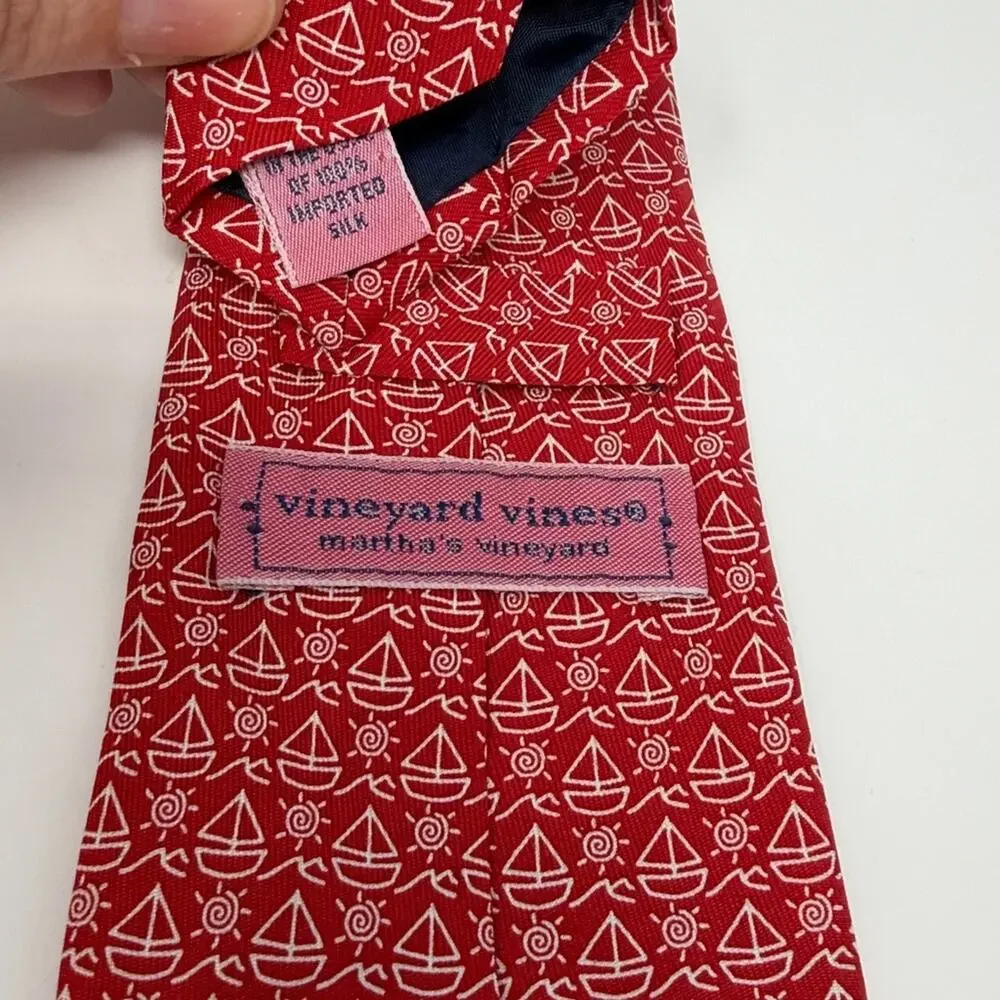 Vineyard Vines Boys 100% Silk Sailboat Tie - Red/White